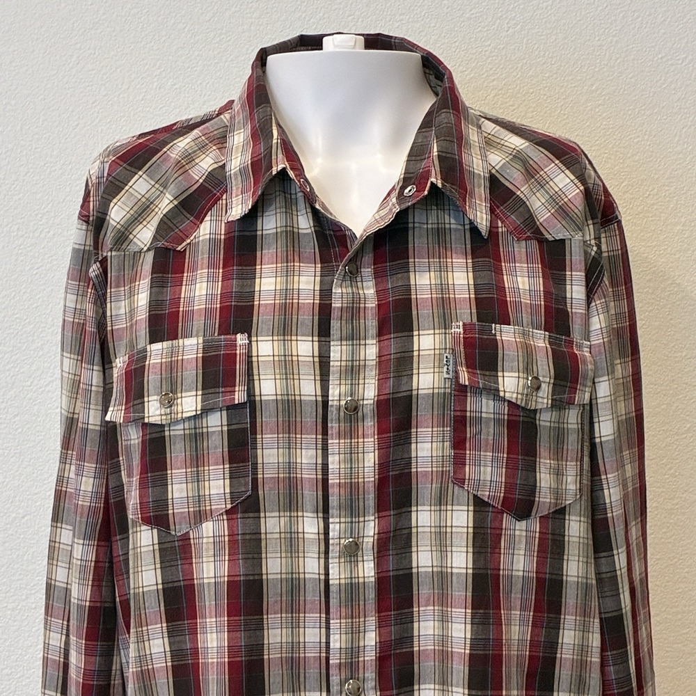 Levi's Western Pearl Snap Shirt Mens XXL Brown Plaid Cowboy Rancher Modern Fit